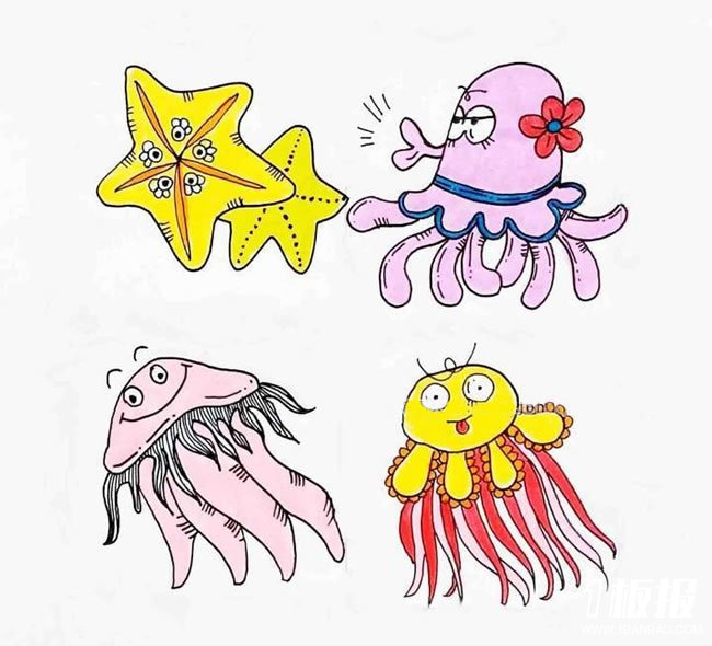 四种卡通海洋生物彩色简笔画图片