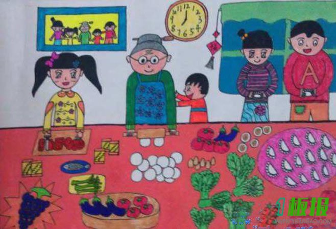 过年一家人包饺子主题儿童画欣赏：我学会了包饺子