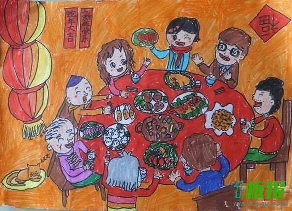 简单好看的春节一家人吃团圆饭儿童画/水彩画图片
