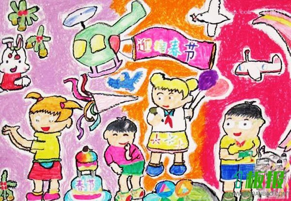 小学生关于春节的画儿童画_迎接春节