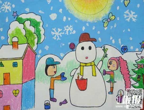 以冬天为主题的幼儿水彩画-冬天雪景
