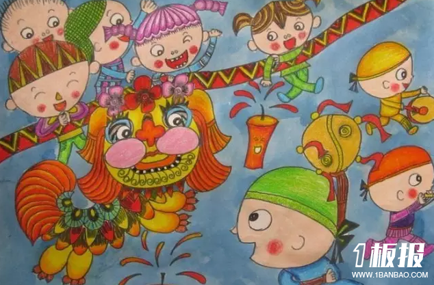 迎春节儿童画-欢乐过新年