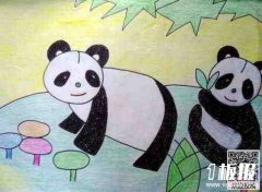 幼儿儿童画动物类主题画-大熊猫吃竹笋