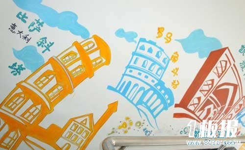 幼儿园楼梯墙壁装饰画图片:比萨斜塔,罗马斗兽场