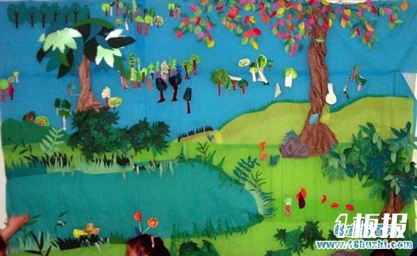 幼儿园夏天主题墙设计：夏天树林宁静池塘