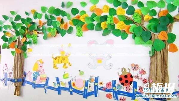 幼儿园春天主题墙饰设计：春天树林的动物联欢会