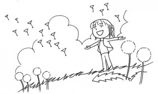 小女孩在蒲公英花丛中的唯美简笔