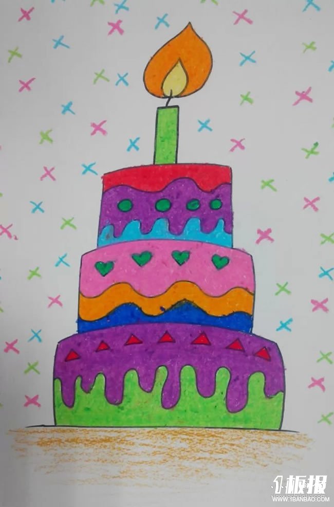 三层的生日蛋糕蜡笔画作品图片- www.yiyiyaya.cn