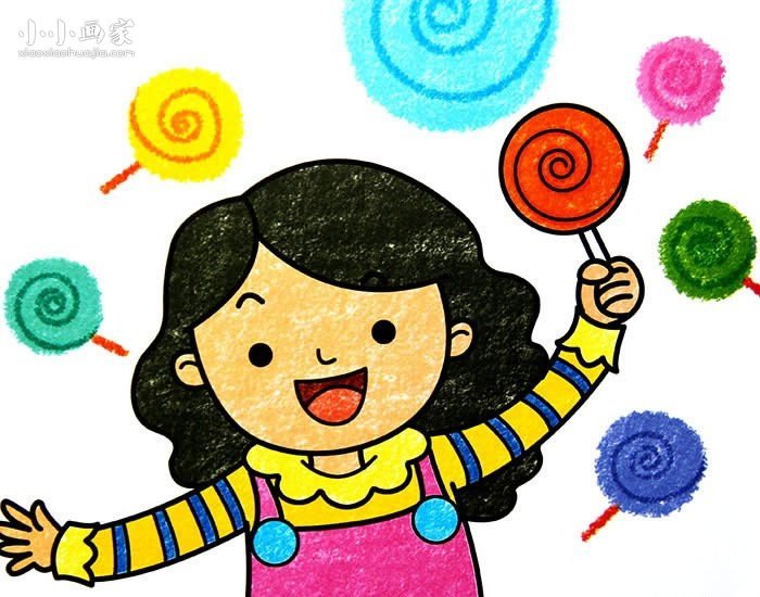 爱吃棒棒糖的小女孩蜡笔画作品图片- www.yiyiyaya.cn