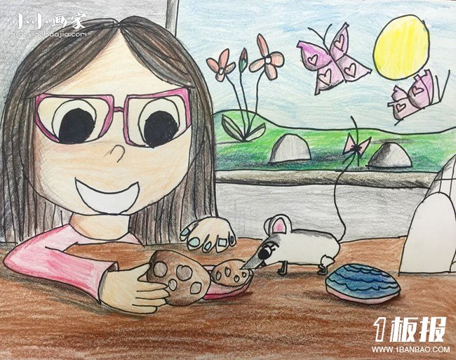 跟老鼠分享饼干的小女孩蜡笔画作品图片- www.yiyiyaya.cn