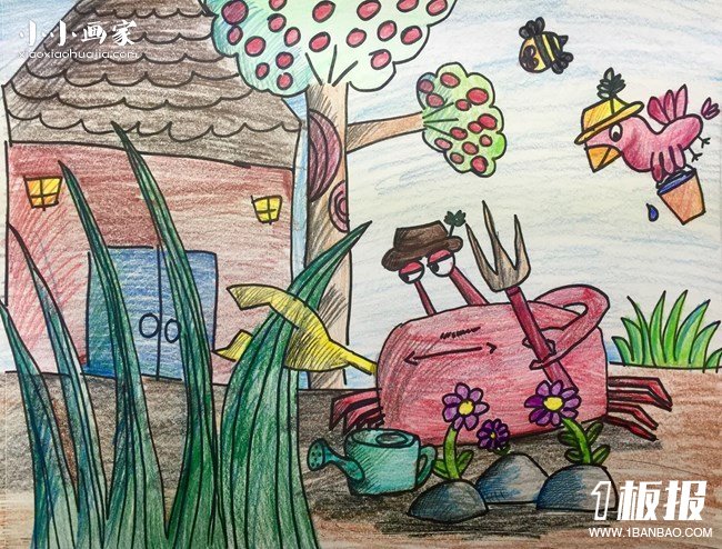 清理杂草的螃蟹蜡笔画作品图片- www.yiyiyaya.cn