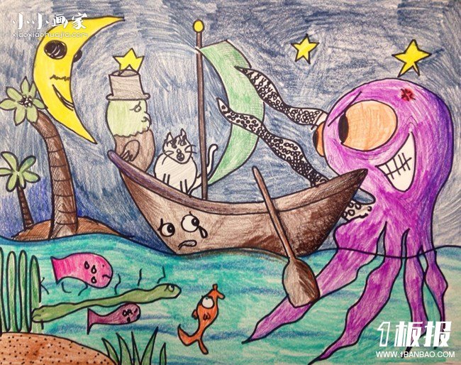 巨型章鱼怪来袭蜡笔画作品图片- www.yiyiyaya.cn