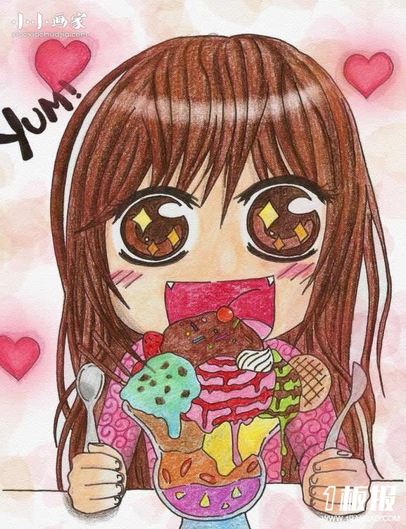 吃冰激凌的小女孩蜡笔画作品图片- www.yiyiyaya.cn