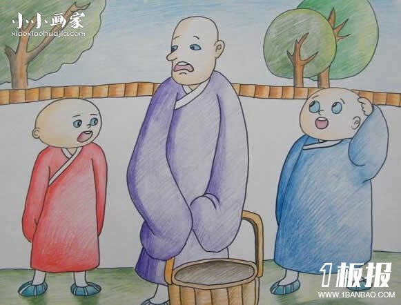 三个和尚没水喝蜡笔画作品图片- www.yiyiyaya.cn