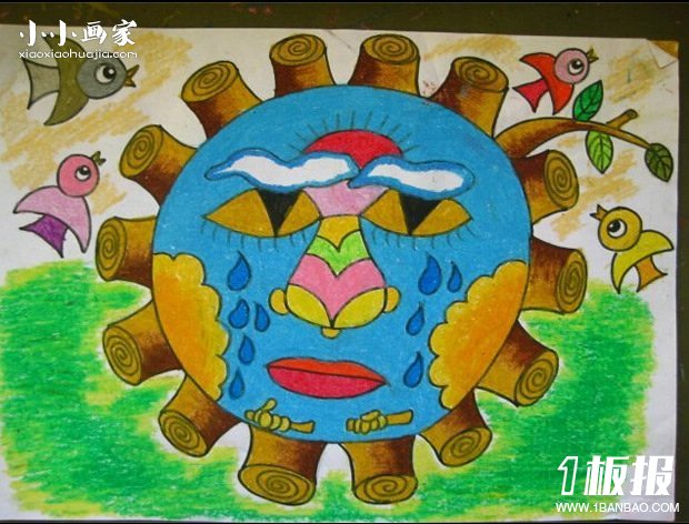 保护森林的环保主题蜡笔画作品图片- www.yiyiyaya.cn