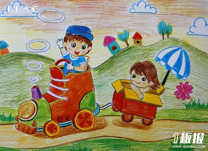 带妹妹开汽车的小男孩蜡笔画作品图片- www.yiyiyaya.cn